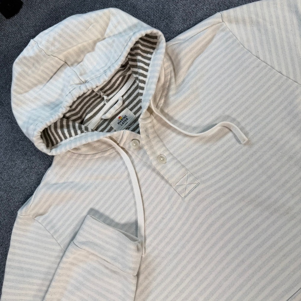 Marine Layer Mens Large Striped Henley Hoodie Cream Grey Cotton Pullover #4705